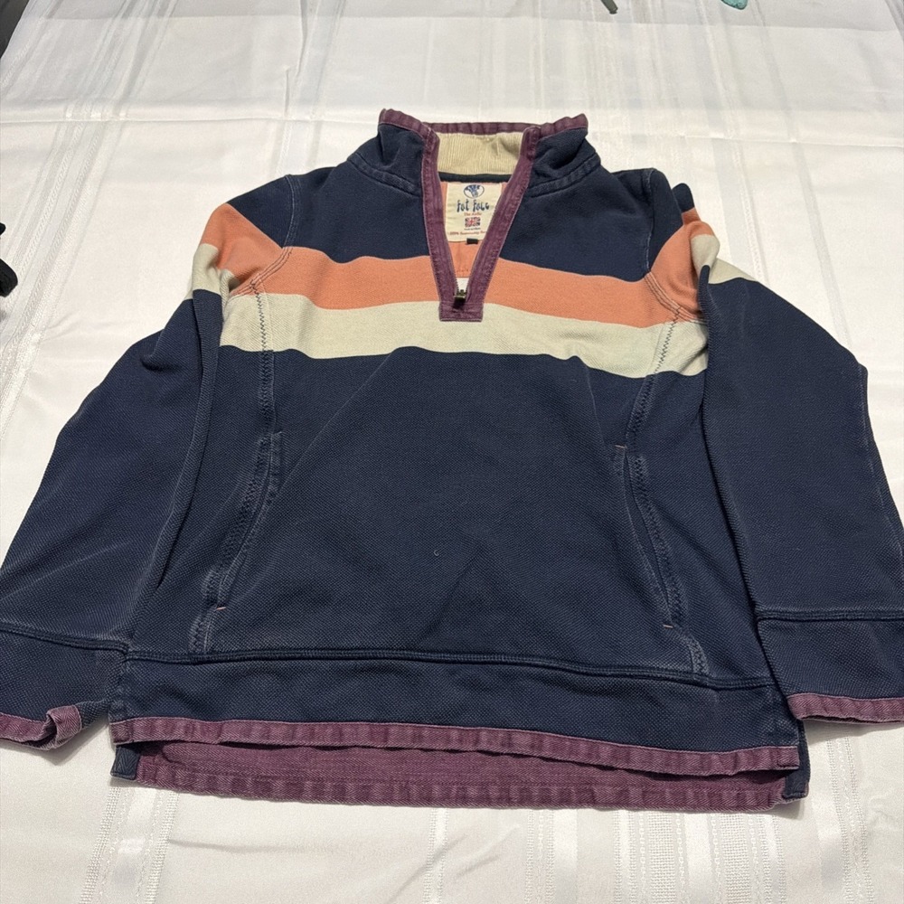 Fat Face Airlie 1/4 Zip Sweatshirt Navy Multi Stripe Heavy Cotton Vintage Y2K
